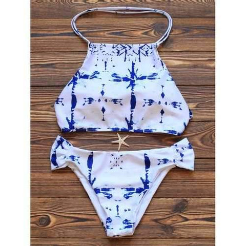 Halterneck Padded Print Bikini Set - White L