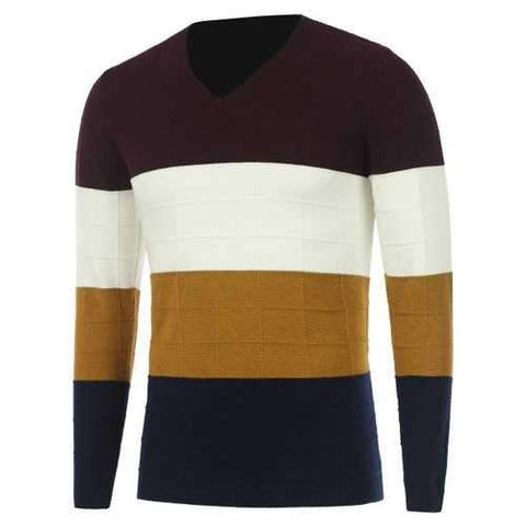 V Neck Color Matching Texture Knit Sweater - Burgundy L