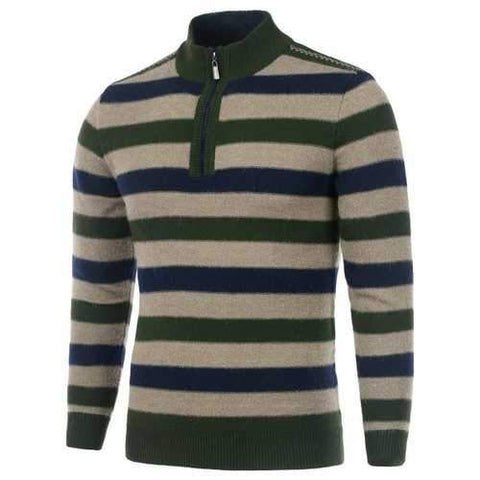 Striped High Neck Zip Front Sweater - Camel L