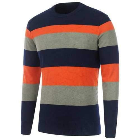 Striped Rhombus Pattern Crew Neck Sweater - Cadetblue Xl