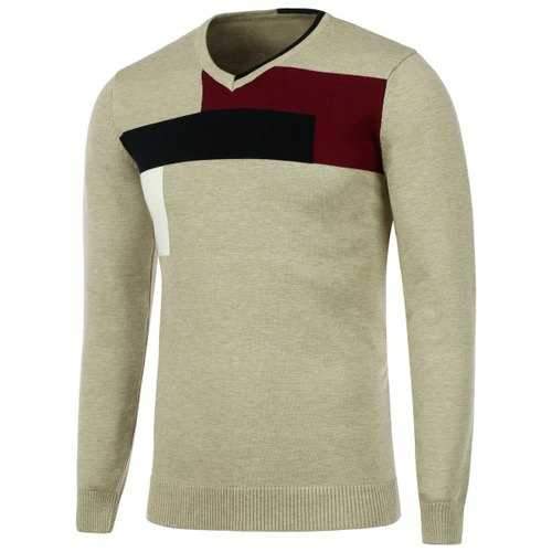 Color Matching Knitted V Neck Sweater - Camel M