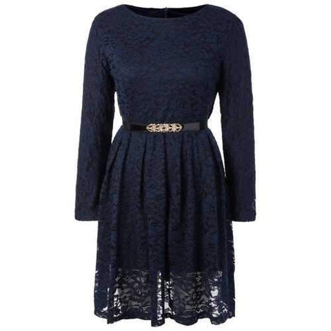 Fit and Flare Lace Long Sleeve Dress - Purplish Blue L