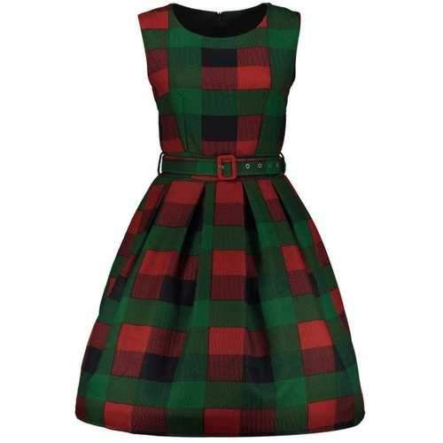 Mini Plaid Fit and Flare Dress - Green M