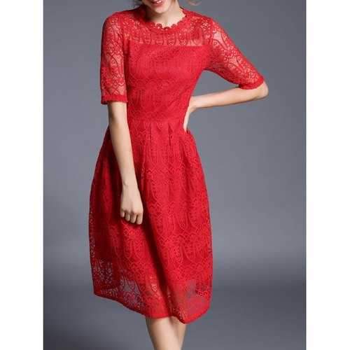 Ruffled Collar Lace Flare Dress - Red S