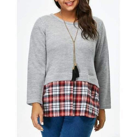 Plus Size Long Sleeve Plaid Insert Sweater - Gray 4xl