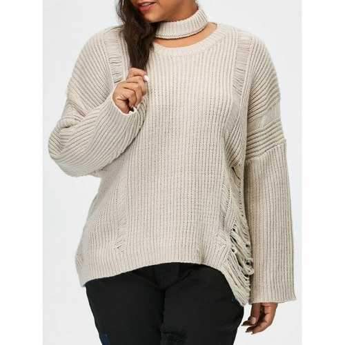 Plus Size Pullover Ripped Sweater - Light Gray Xl