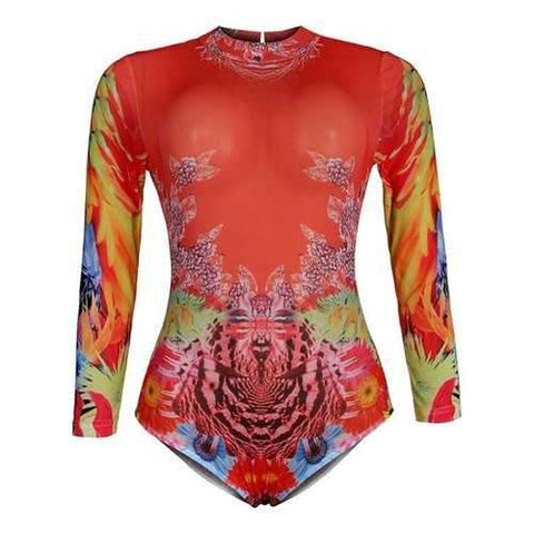 Long Sleeve Mesh Print One Piece Swimwear - Red 4xl