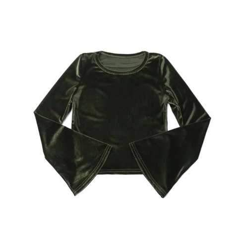 Flare Sleeve Velvet Crop Top - Army Green S