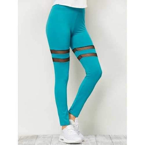 High Waist Mesh Insert Running Leggings - Lake Blue M