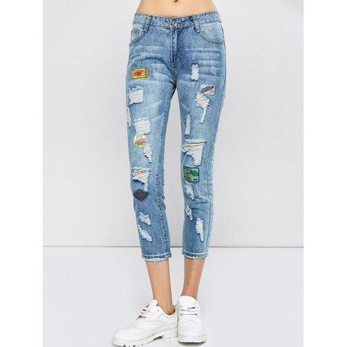 Patched Capri Distressed Jeans Outfits - Light Blue 31