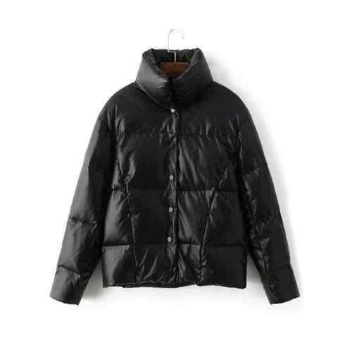 Stand Collar PU Leather Down Jacket - Black S