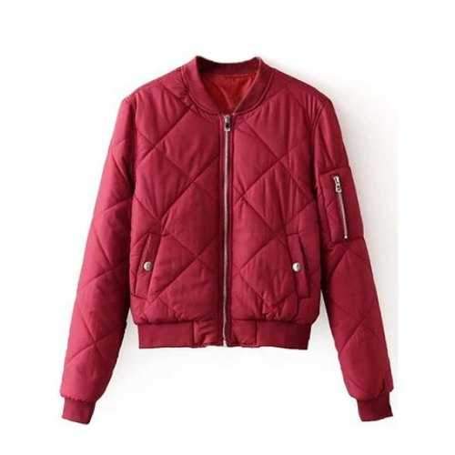 Zipper Diamond Quilted Bomber Jacket - Burgundy L