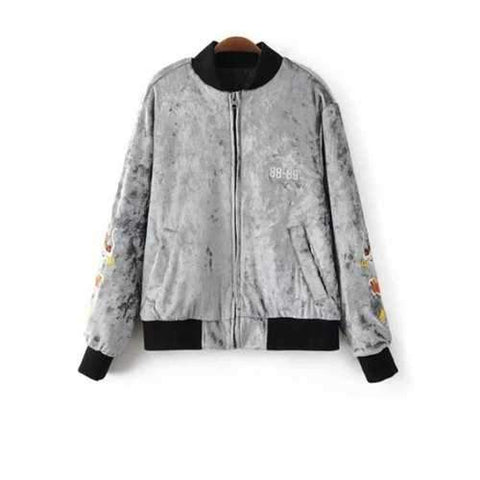 Embroidered Velvet Padded Jacket - Light Gray M