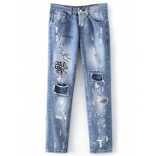 Distressed Scrawl Print Patch Design Jeans - Denim Blue S