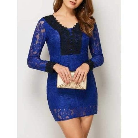 V Neck Bodycon Lace Party Dress - Blue M