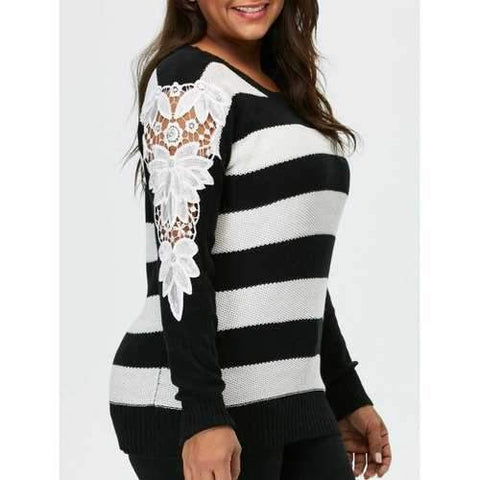 Plus Size Lace Panel Striped Sweater - Black 5xl