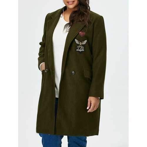 Plus Size Flap Pockets Appliques Longline Coat - Olive Yellow 5xl