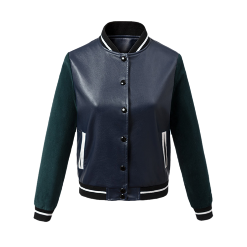 Contrast Sleeve PU Leather Baseball Jacket - Blue And Green M