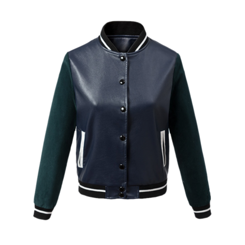 Contrast Sleeve PU Leather Baseball Jacket - Blue And Green M