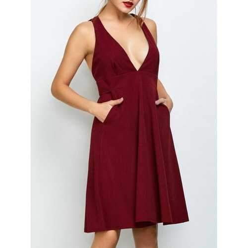 A Line Plunge Empire Waist Summer Cocktail Dress - Wine Red Xl