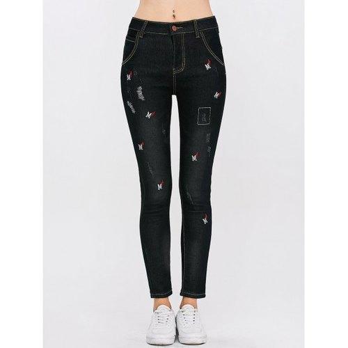 High Waist Distressed Letter Embroidery Jeans - Black 28