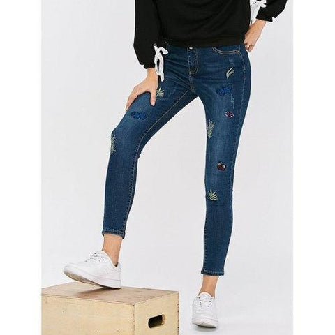 High Waisted Butterfly Embroidered Cropped Skinny Jeans - Blue 32