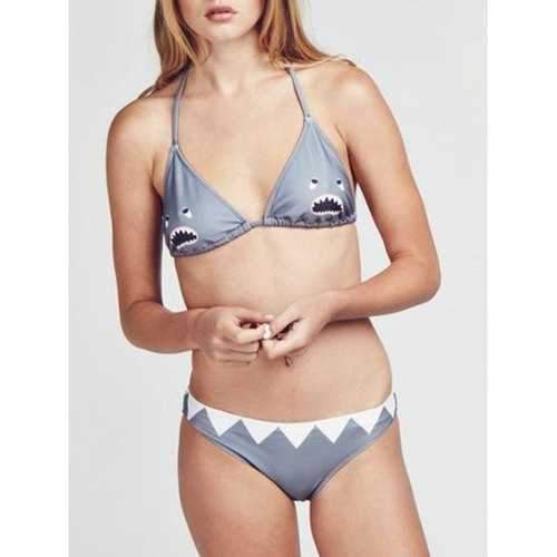 Halter Neck Shark Print Bikini Set - Gray Xl