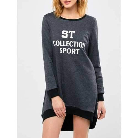 Sport Letter High Low Sweatshirt Dress - Gray M