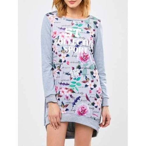 Letter Floral High Low Sweatshirt Dress - Gray L