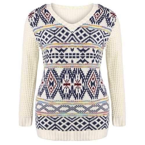 Plus Size V Neck Geometric Pattern Chunky Sweater - Off-white 4xl