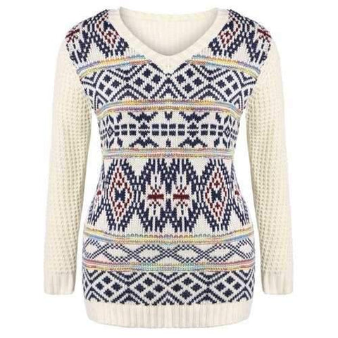 Plus Size V Neck Geometric Pattern Chunky Sweater - Off-white 4xl