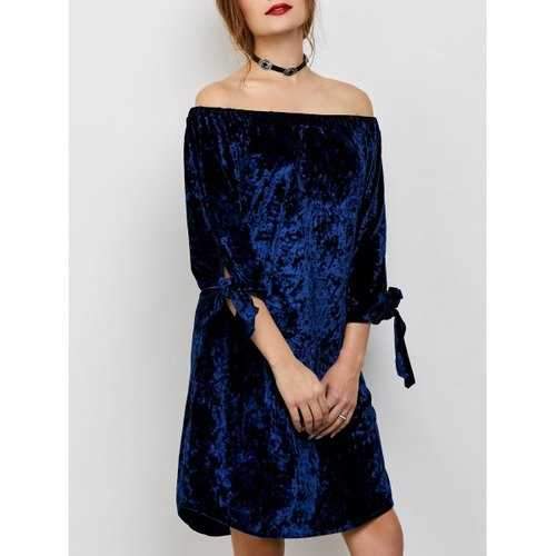 Off The Shoulder Casual Pleuche Dress - Blue L