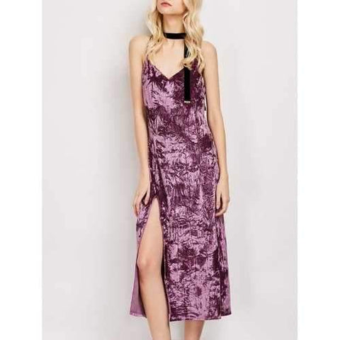 Side Slit Crushed Velvet Midi Slip Dress - Fuchsia Rose S