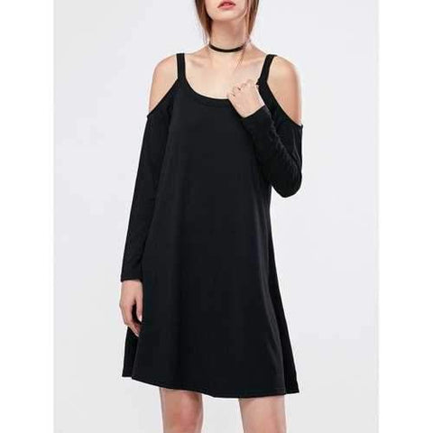 Cold Shoulder Mini Casual Long Sleeve Swing Dress - Black S