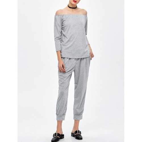 Capri Pants with Off The Shoulder T-Shirt - Gray S