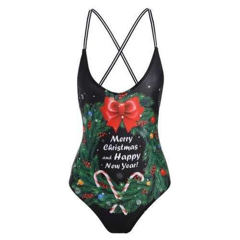 Crossback Christmas Graphic One Piece Swimwear - Black 4xl