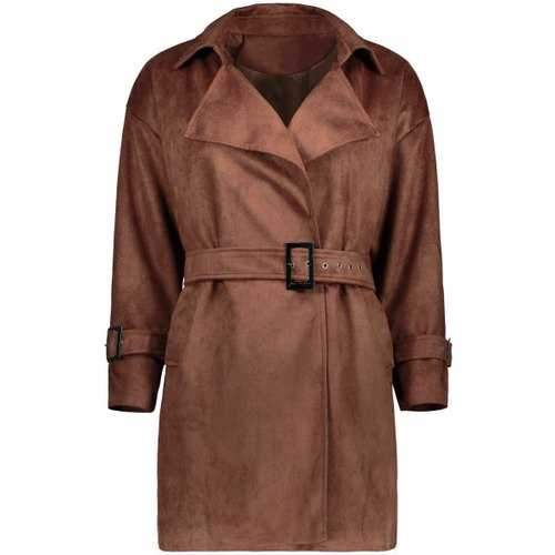 Sueded Trench Coat With Belt - Brown M