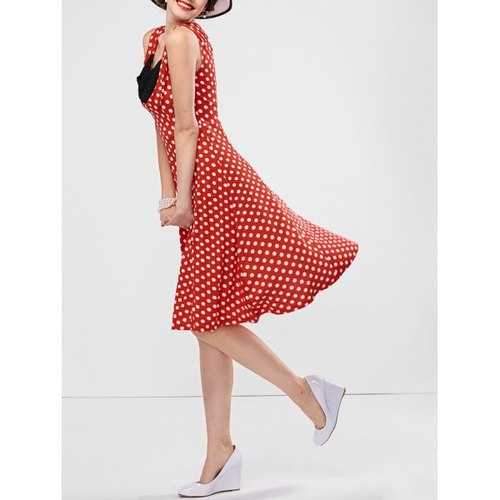 Polka Dot Sweetheart Neck Dress - Red S