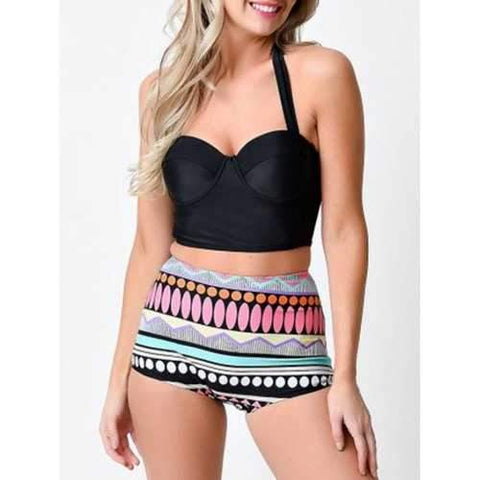 Halterneck Backless Print Bikini Set - Black L