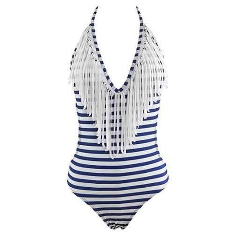 Halterneck Striped Monokini - Blue And White L