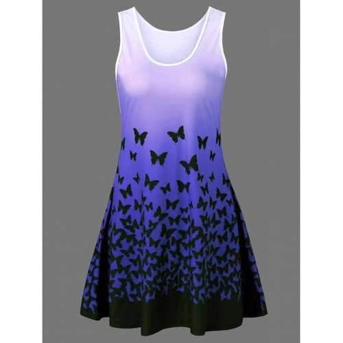 Butterfly Print Ombre Casual A Line Short Tank Dress - Blue Xl