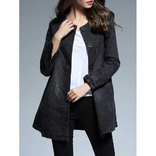 Collarless Denim Distressed Single Breasted Coat - Black L