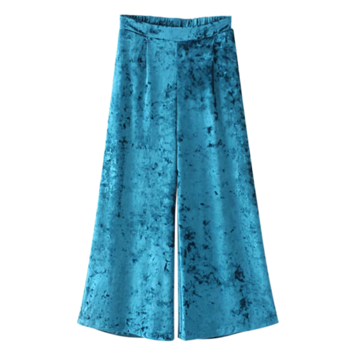 Elastic Waist Wide Leg Velvet Culotte Pants - Peacock Blue M