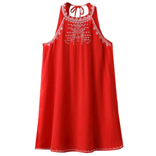 Cut Back Sleeveless Halter Embroidered Dress - Red M