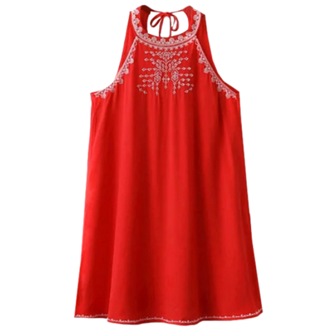 Cut Back Sleeveless Halter Embroidered Dress - Red M