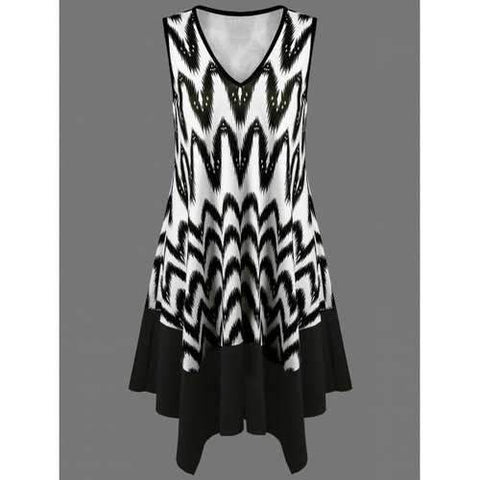 Zigzag Asymmetrical Casual Tank Dress Fashion - White And Black L