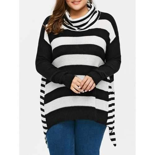 Plus Size Striped Turtleneck Asymmetric Sweater - Black 2xl