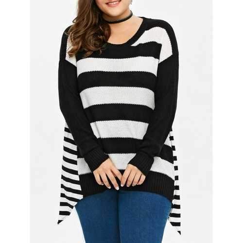 Plus Size Striped Asymmetric Sweater - Black 2xl