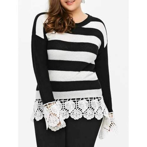 Plus Size Lace Insert Striped Sweater - Black Stripe 5xl