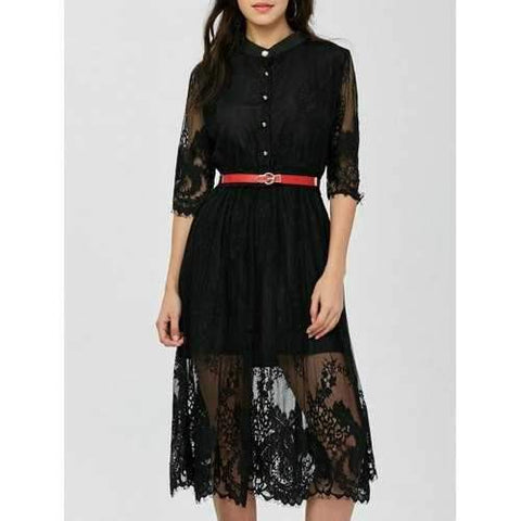 Lace Tea Dress With Belt - Black M